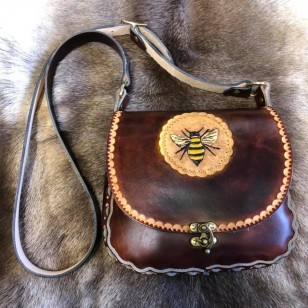 Bag - Aurora Style - Antique Dark Brown Brown Leather Laced Shoulder Bag (Hand Tooled Bee Design)